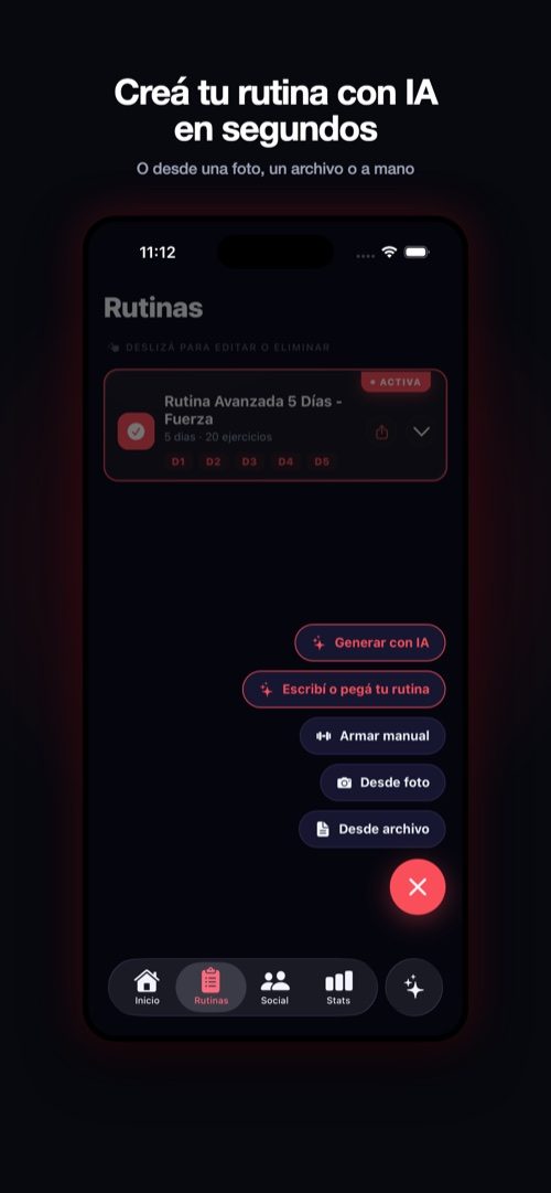 Pantalla de rutinas con las opciones para generar el plan con inteligencia artificial, desde una foto o a mano
