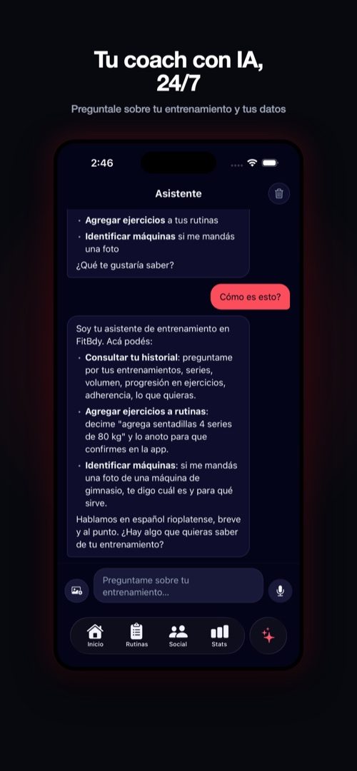 Conversación con el asistente, que explica que puede consultar el historial, agregar ejercicios e identificar máquinas por foto