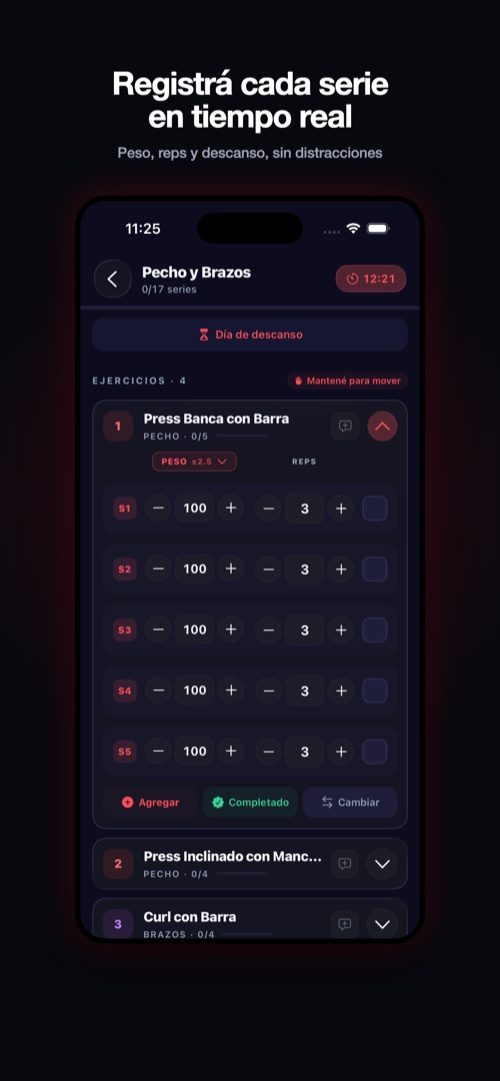 Pantalla de entrenamiento en curso, registrando series y pesos