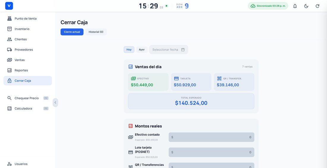 Pantalla de cierre de caja con el desglose del día por medio de pago